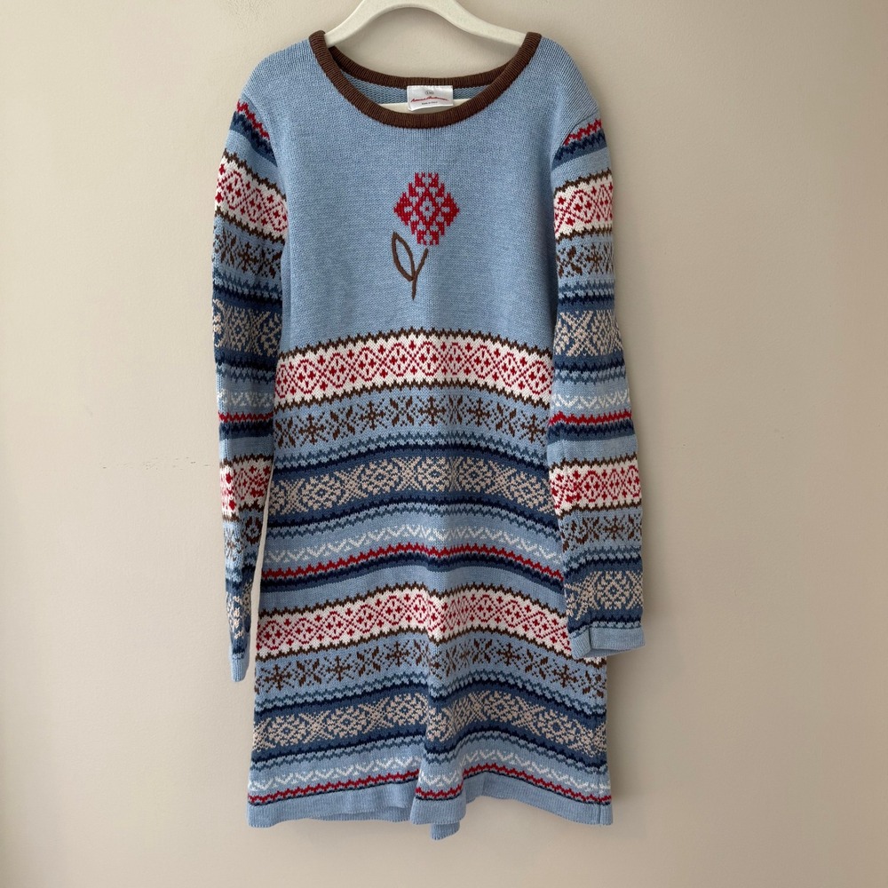 Hanna Andersson Girls Light Blue Fair Isle Cotton Sweater Dress Size 130 8